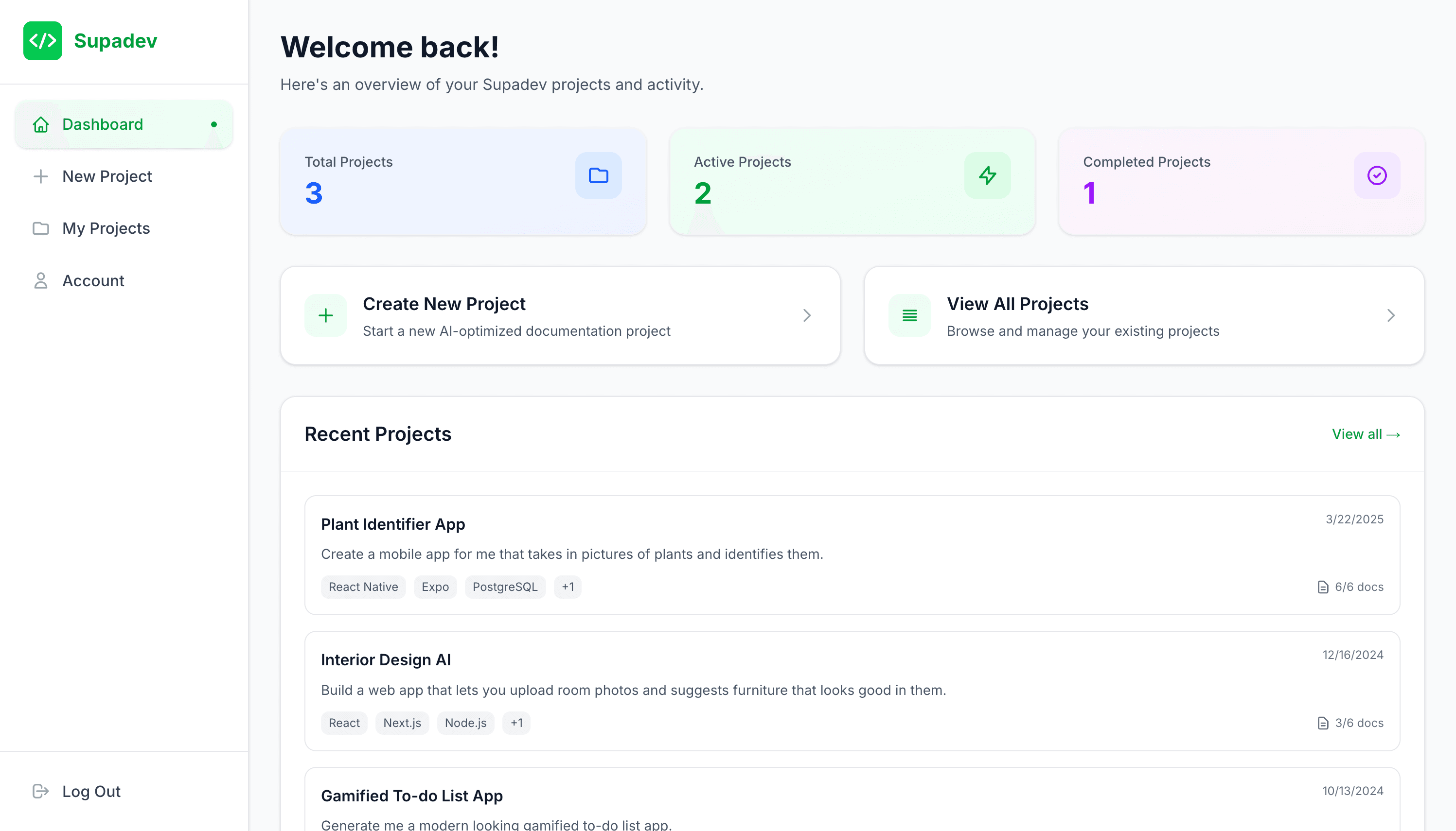 Supadev Dashboard - AI-optimized documentation platform